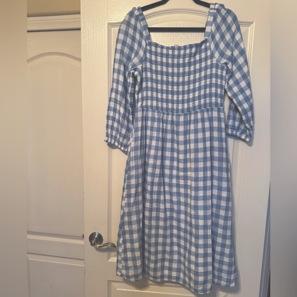 Blue long sleeve smocked bodice gingham dress